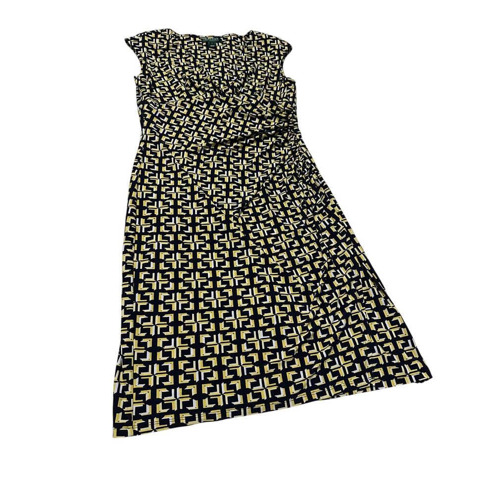 Lauren Ralph Lauren Geometric Dress Cap Sleeve Ruched Faux Wrap Knee-Length Sz 8